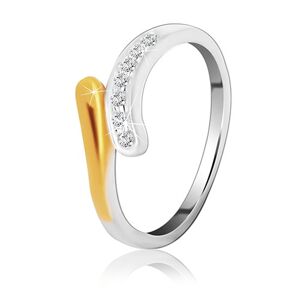 Strieborný prsteň 925 - zaoblená línia so zirkónmi a koncom zlatej farby - Veľkosť: 61 mm